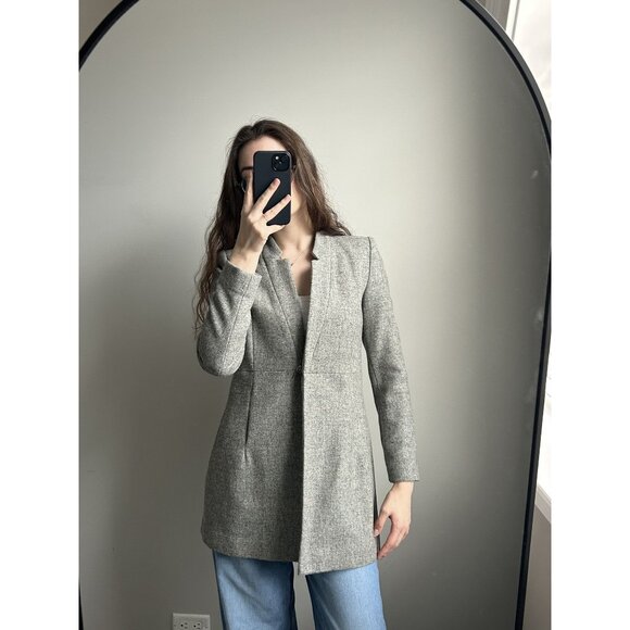 ZARA Structured Long Blazer 100% Wool Gray Size XS – Snap Button Tailored Coat J - Picture 8 of 8